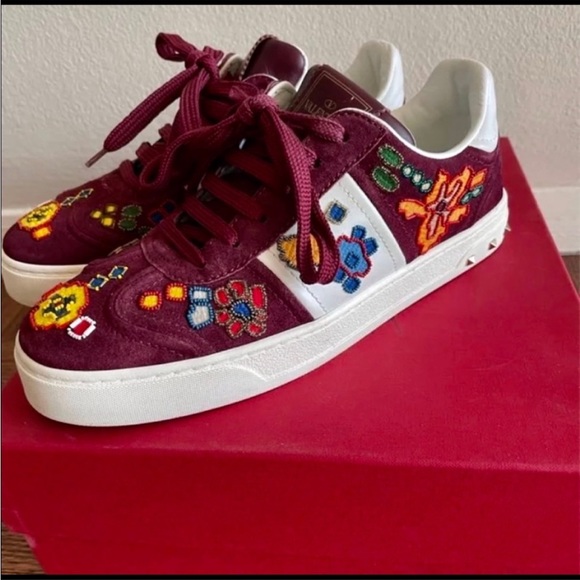 Valentino Shoes - Valentino Burgundy Sneakers with Colorful Embroidery